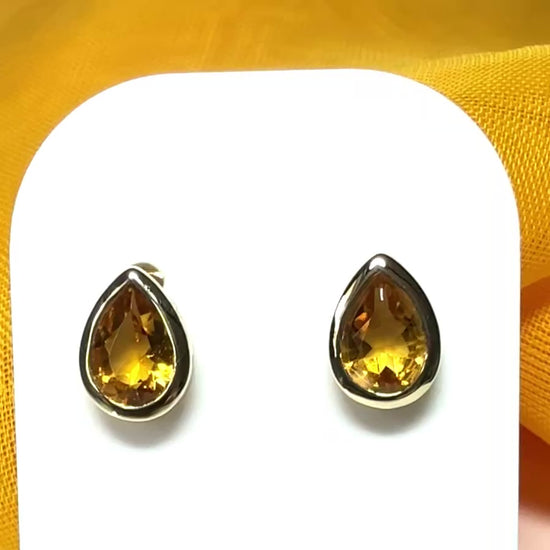 Real citrine stud earrings pear shaped yellow gold sterling silver teardrop