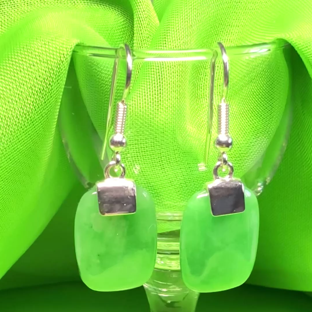 A beautiful pair of real green jade silver cushion shaped dropped earrings
