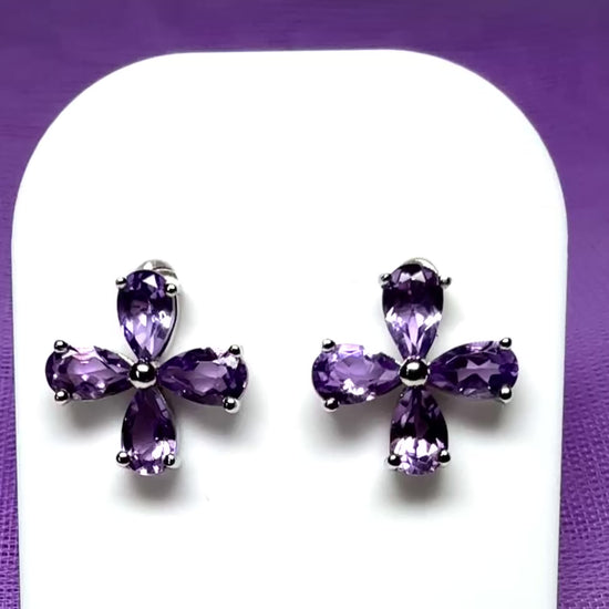 Real purple amethyst flower petal shaped stud earrings sterling silver