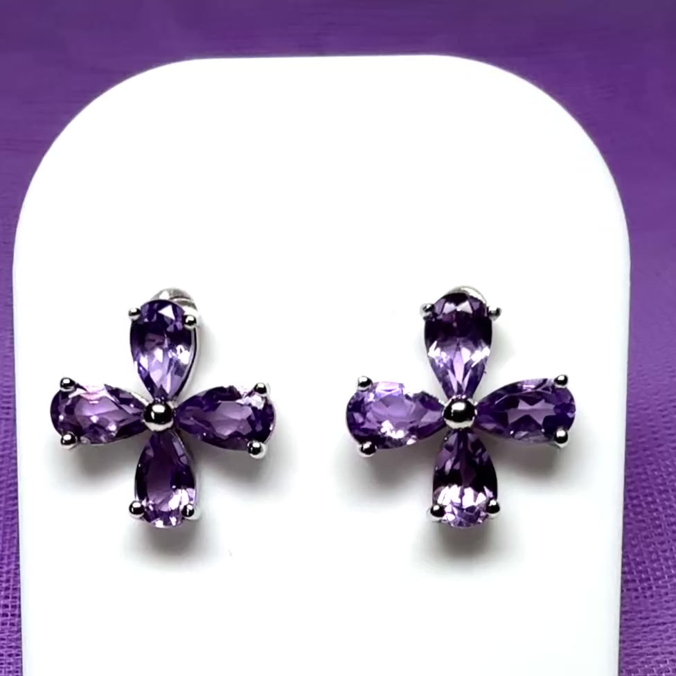 Real purple amethyst flower petal shaped stud earrings sterling silver