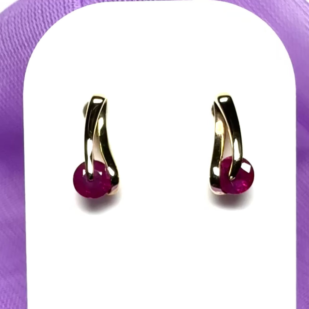 Yellow gold real red ruby swirl stud earrings