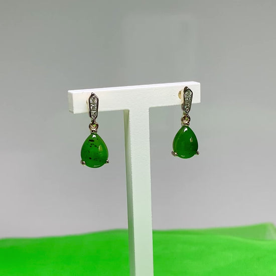 Green pear teardrop real jade and diamond yellow gold drop earrings