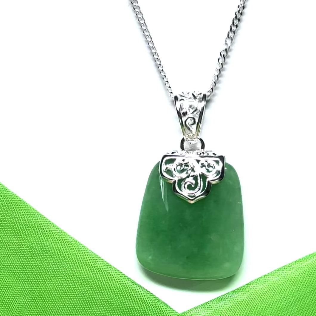 Real jade necklace green sterling silver large cushion shaped pendant, a timeless design with a chain