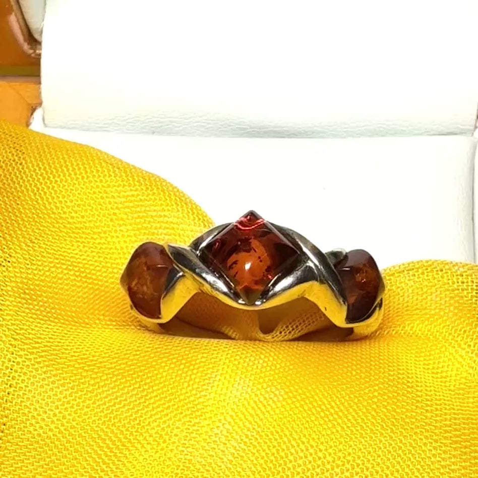 Three Stone Sterling Silver Amber Ring