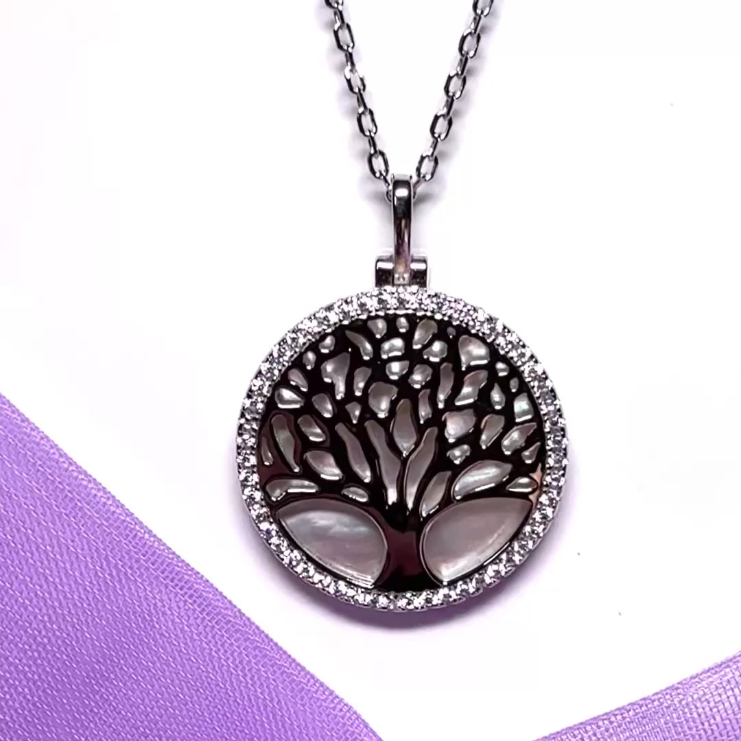 Round Tree of Life necklace real Mother Of Pearl sterling silver pendant with a chain