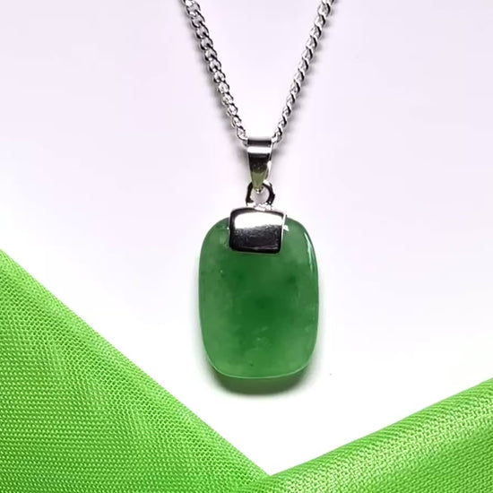 Real green jade pendant necklace cushion shaped silver with a chain