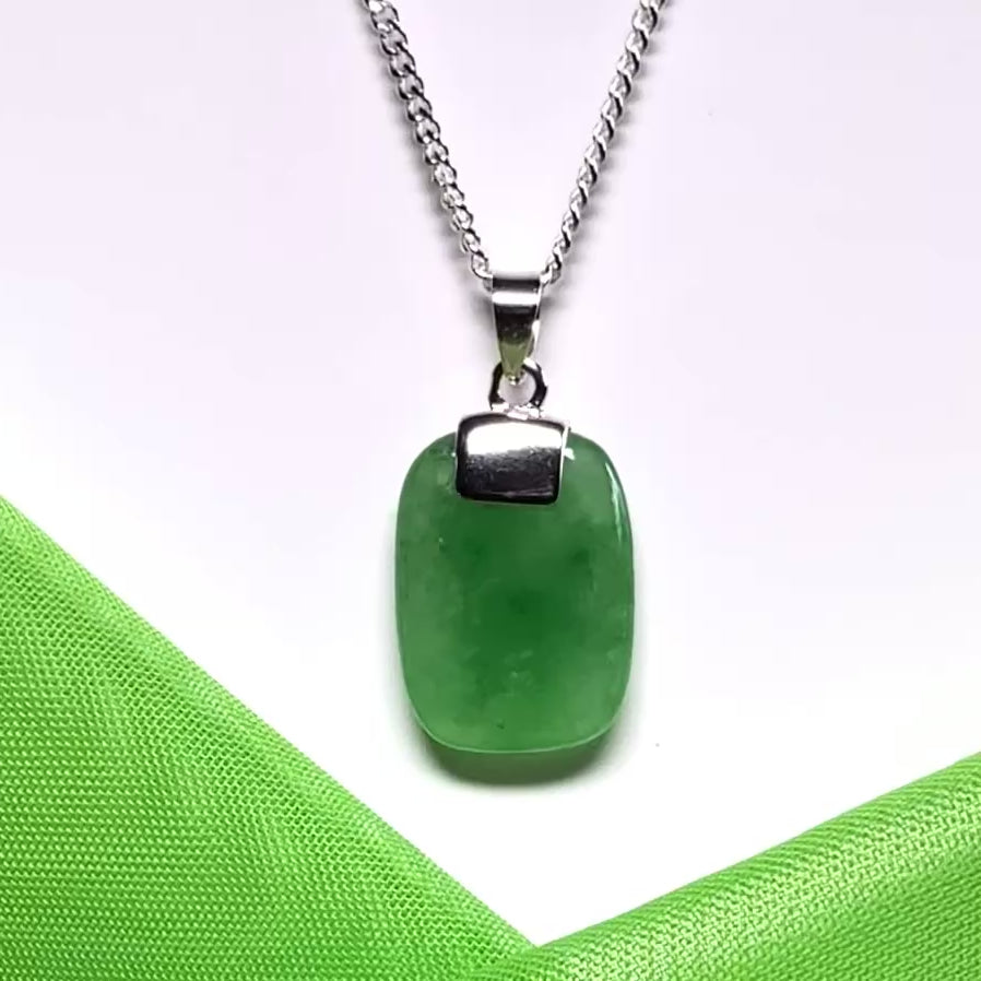 Real green jade pendant necklace cushion shaped silver with a chain