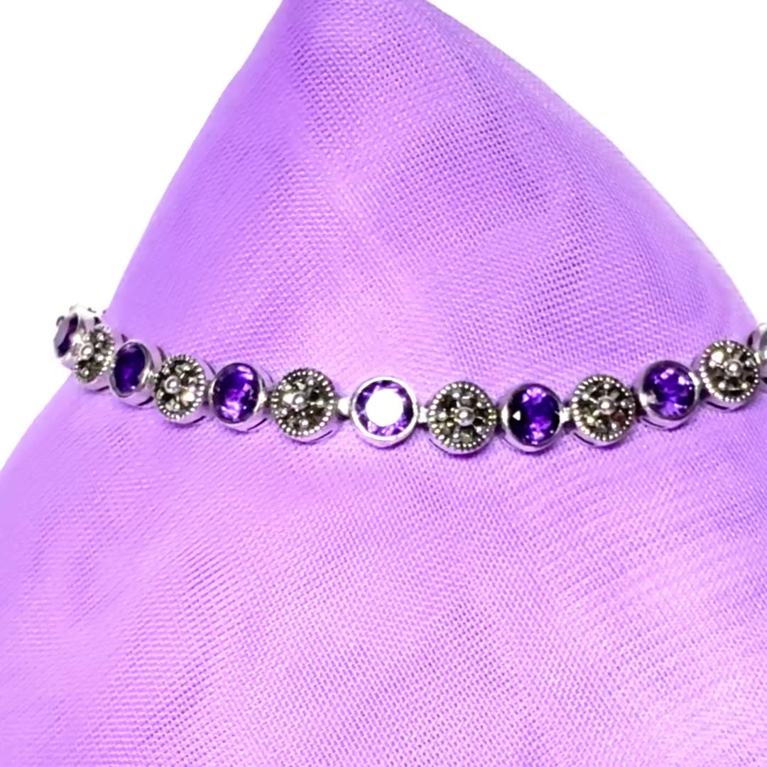 Real marcasite and real amethyst sterling silver bracelet round shaped