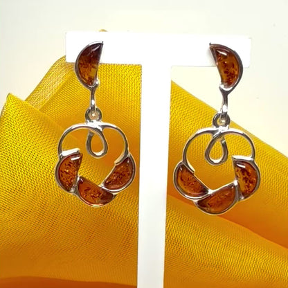 Round shaped real amber drop earrings open made in sterling silver