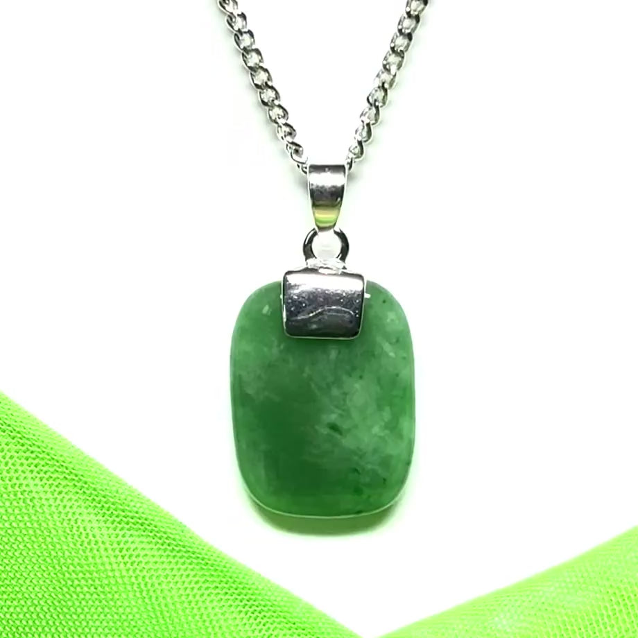 Real green jade necklace cushion shaped stone pendant sterling silver solid curb link chain included