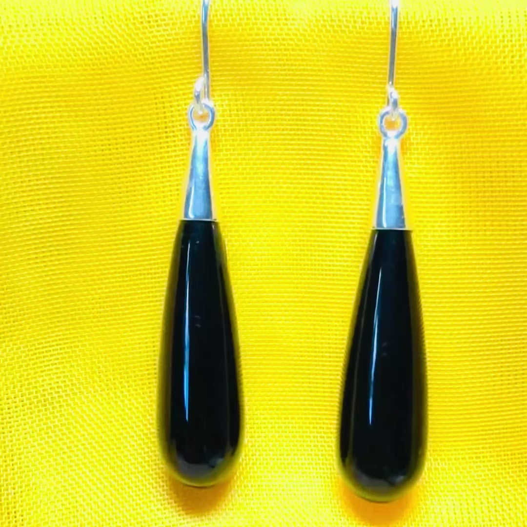 Real black onyx long drop earrings sterling silver wire fastenings