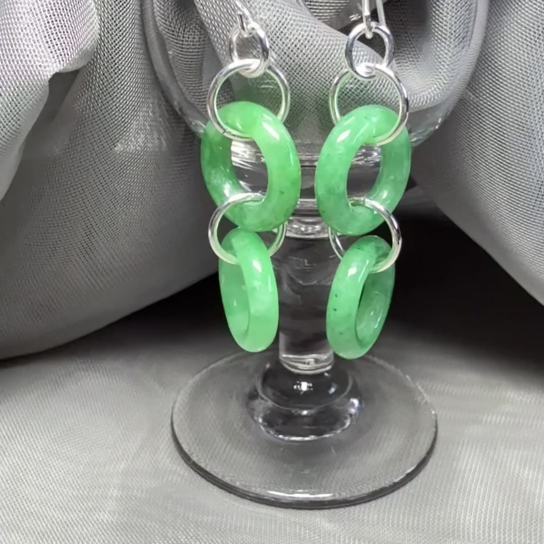Pair of round shaped sterling silver real green jade double circle drop earrings