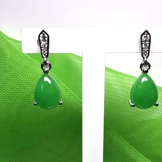 Green pear teardrop real jade and diamond white gold drop earrings