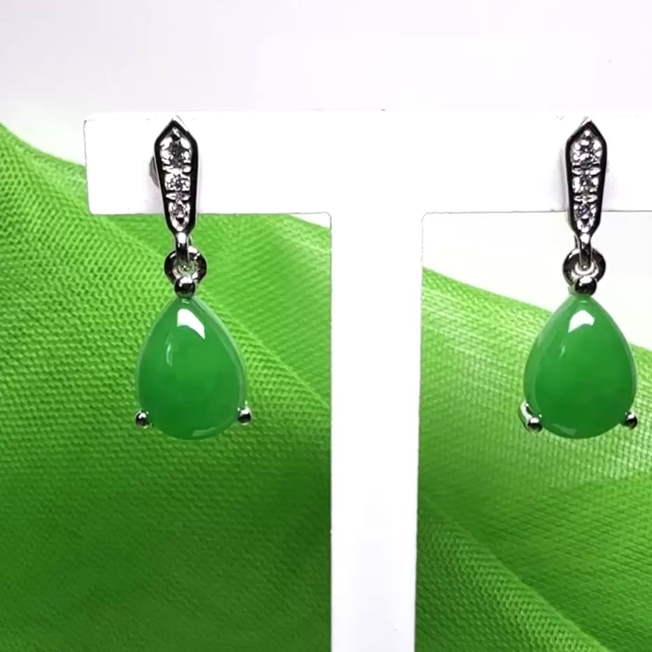 Green pear teardrop real jade and diamond white gold drop earrings