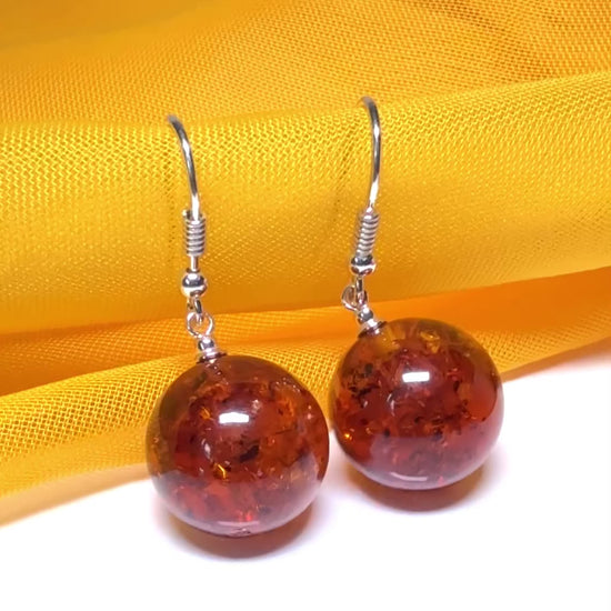 Earrings orange real amber round ball shaped drop open sterling silver