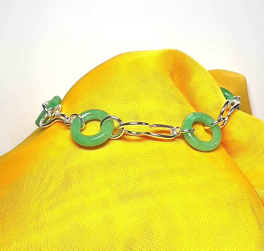 Real green jade bracelet sterling silver round circle twisted design
