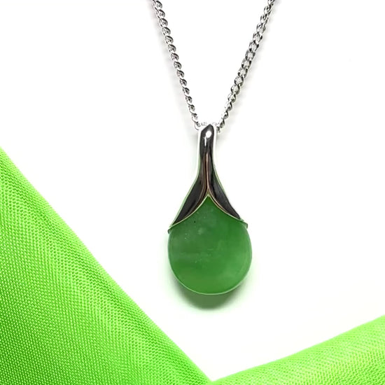 Real green jade tear drop sterling silver pear teardrop shape pendant with a chain included