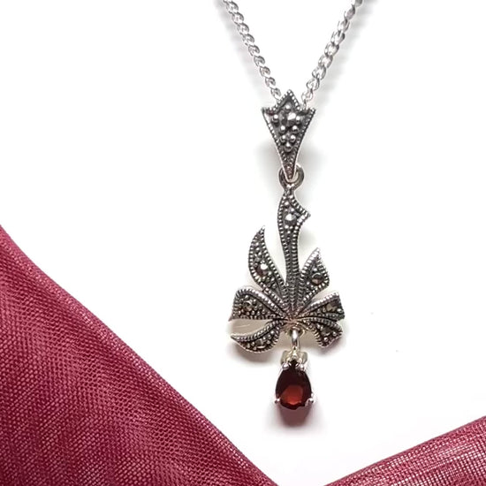 Marcasite and garnet necklace sterling silver spray designed