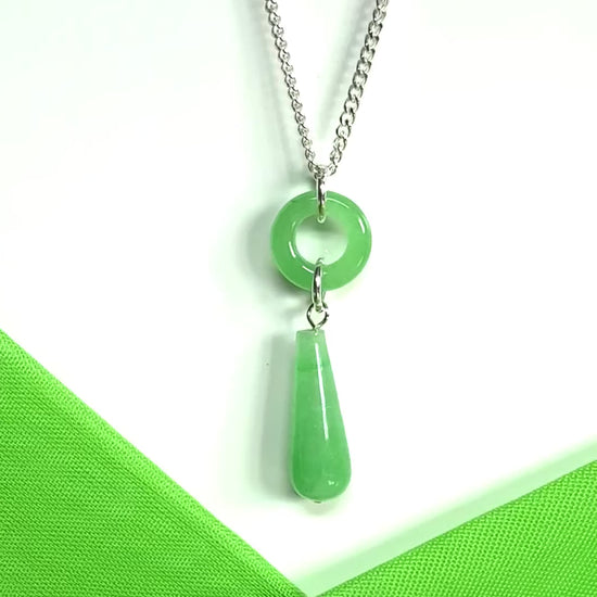 Video of Circle and tear drop sterling silver pear shaped green real jade necklace pendant, chain included