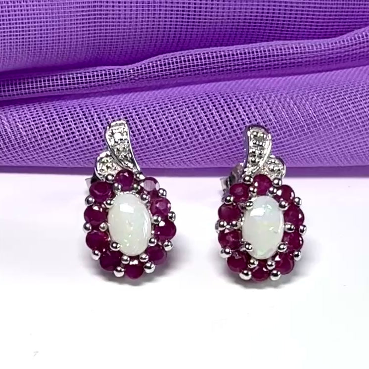 Opal and real ruby oval cluster stud dropped earrings sterling Silver