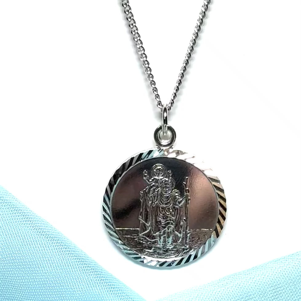 Patterned Edge Round Sterling Silver St. Christopher