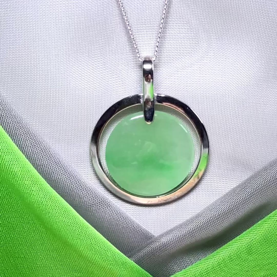 Large real jade pendant necklace sterling silver round shaped green halo designed, with a chain