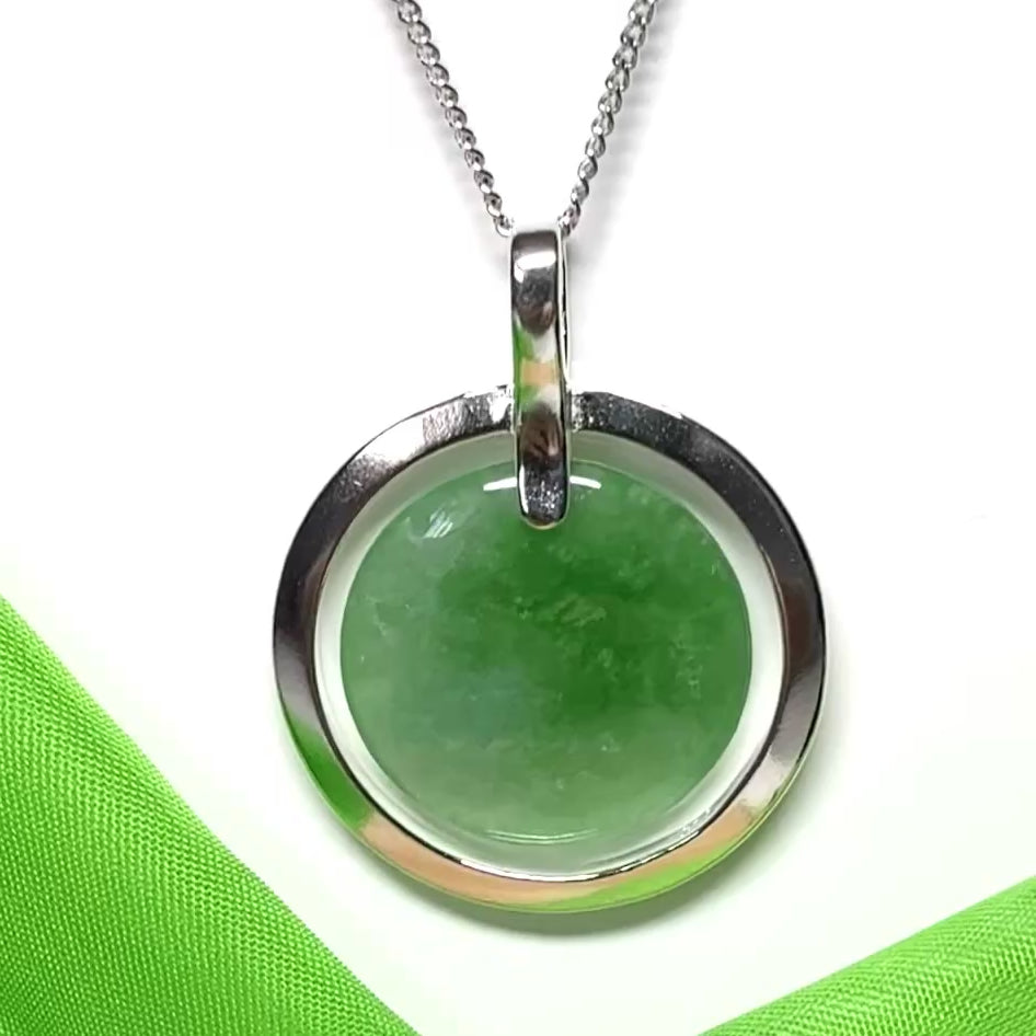 Large necklace sterling silver round shaped green real jade halo styled pendant with a solid curb chain included