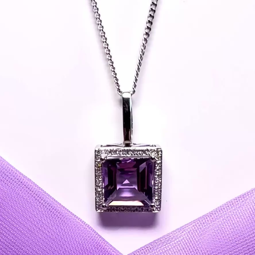 Square shaped purple real amethyst and real diamond white gold necklace pendant