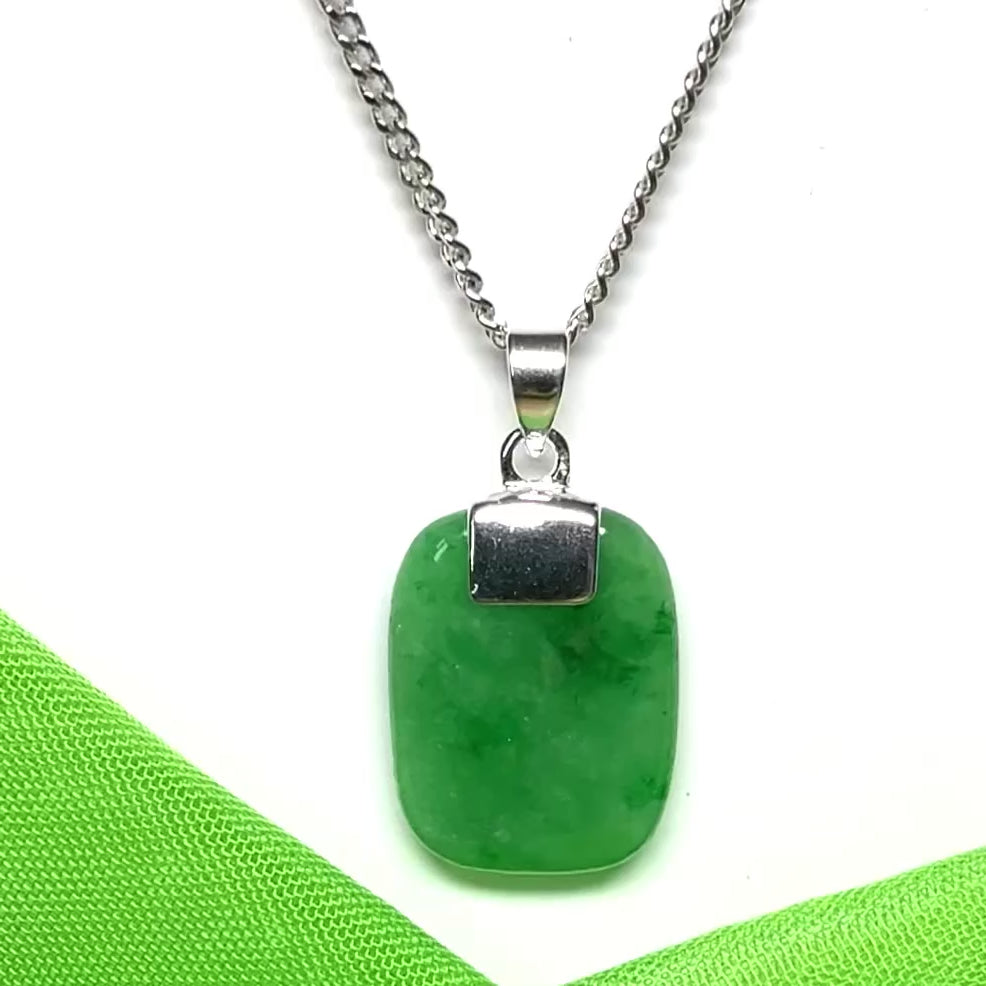 Sterling silver cushion shaped real green jade necklace, a beautiful and stunning designed pendant