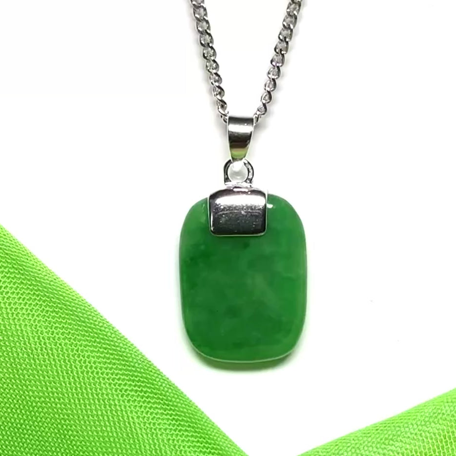 Real green jade necklace cushion shaped stone pendant sterling silver including solid curb link chain