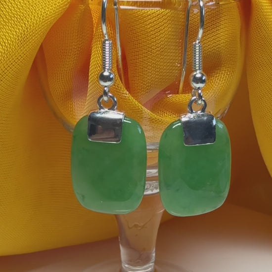 Green Jade Silver Cushion Shaped Drop Earrings