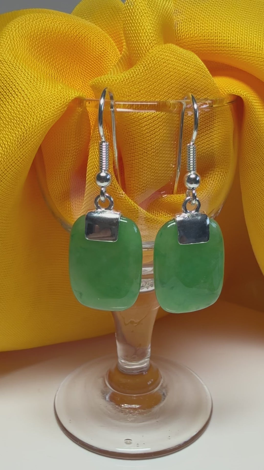 Green Jade Silver Cushion Shaped Drop Earrings