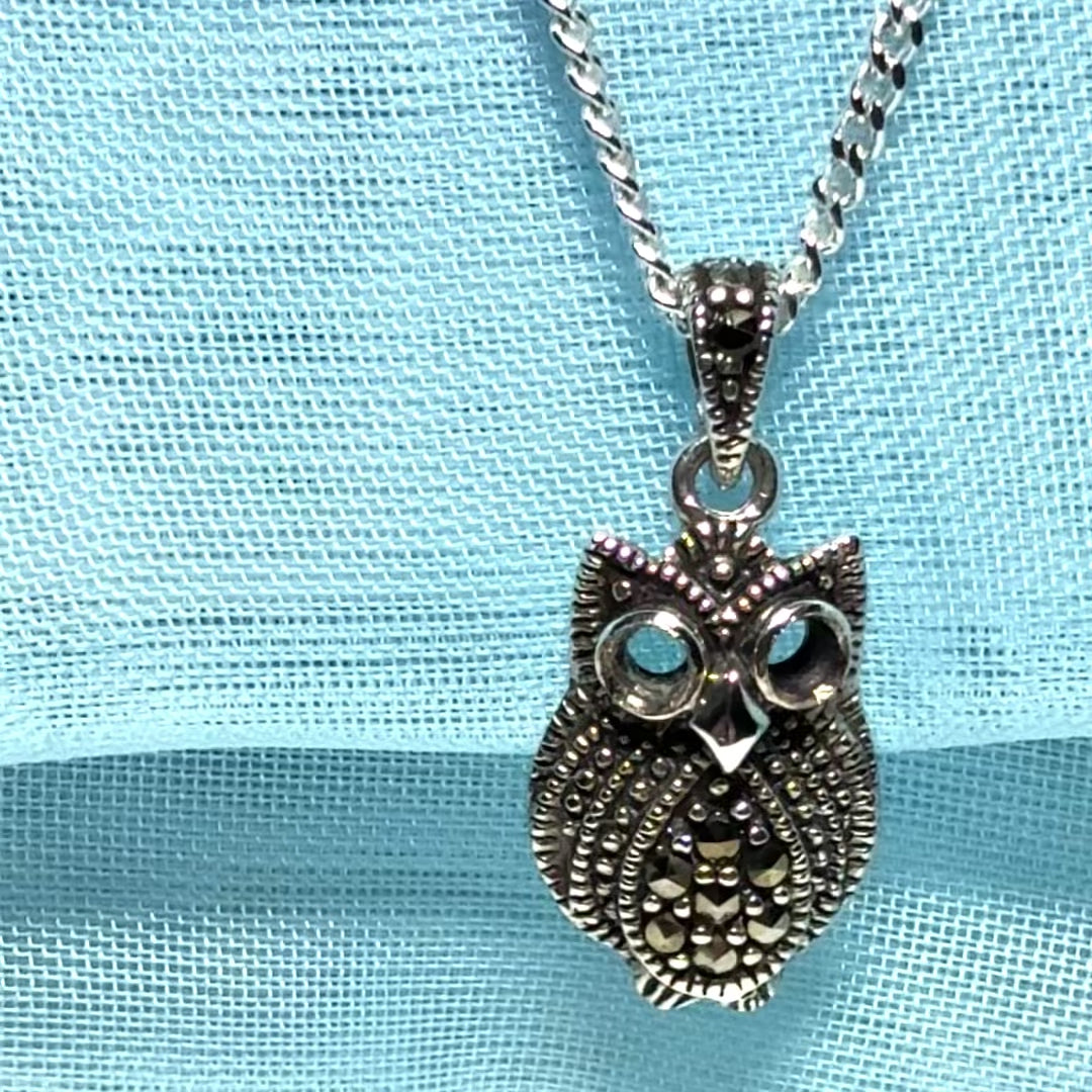 Small owl shaped necklace with real marcasite sparking pendant with a chain included