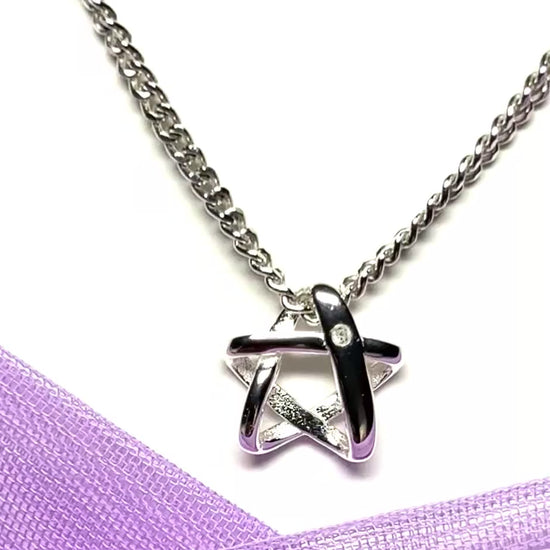 Real diamond set small star shaped open necklace pendant sterling silver