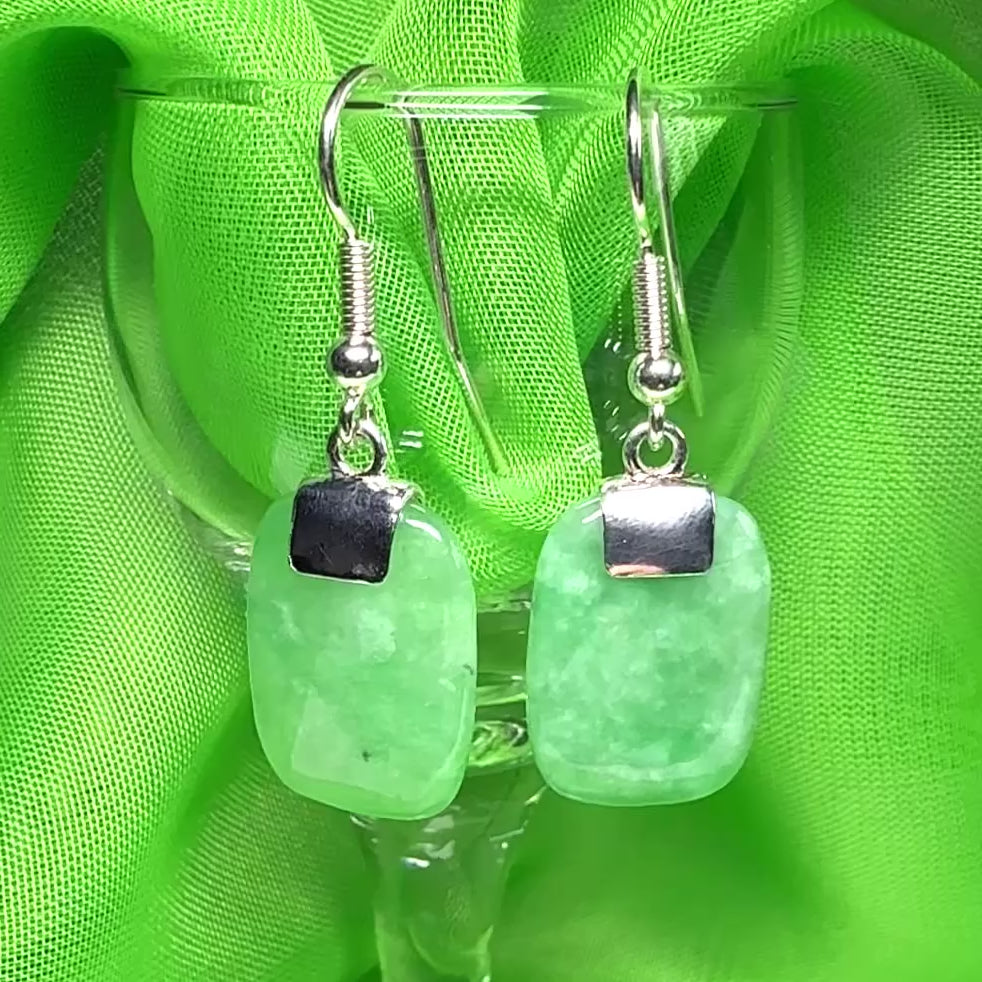 Beautiful real green jade silver cushion shaped dropped earrings