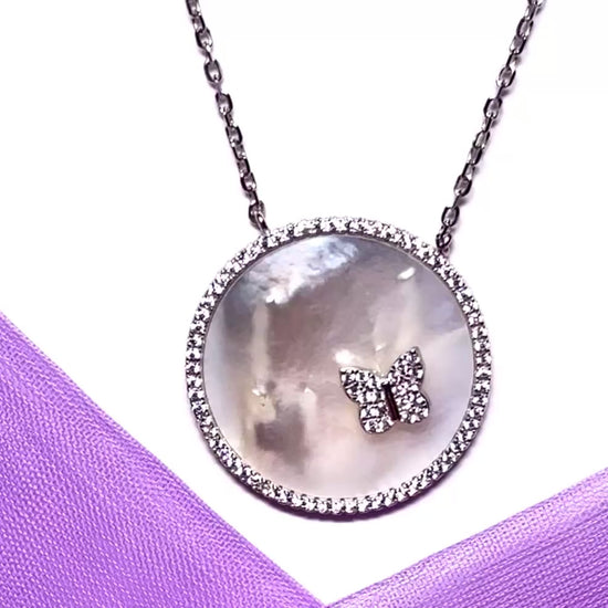 Round butterfly necklace real Mother Of Pearl sterling silver pendant with chain