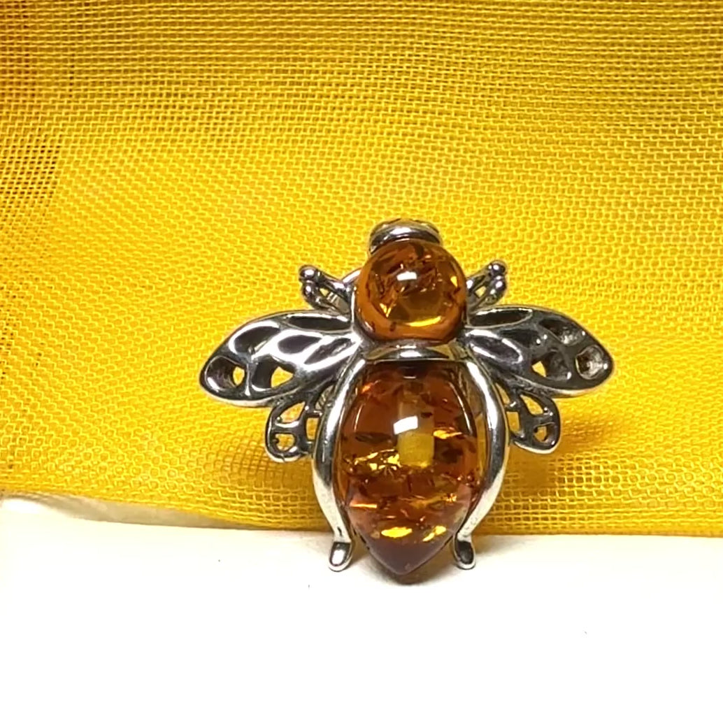 Real amber bee brooch sterling silver orange