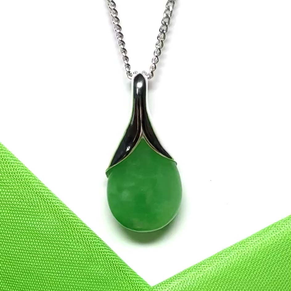 Real green jade necklace pear shaped pendant sterling silver