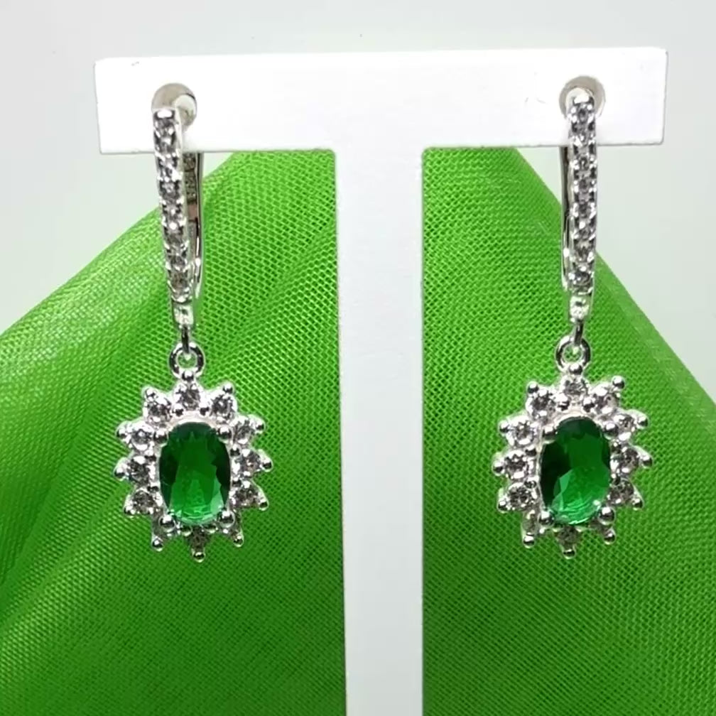 Bright green and white cubic zirconia oval cluster dress cocktail drop earrings