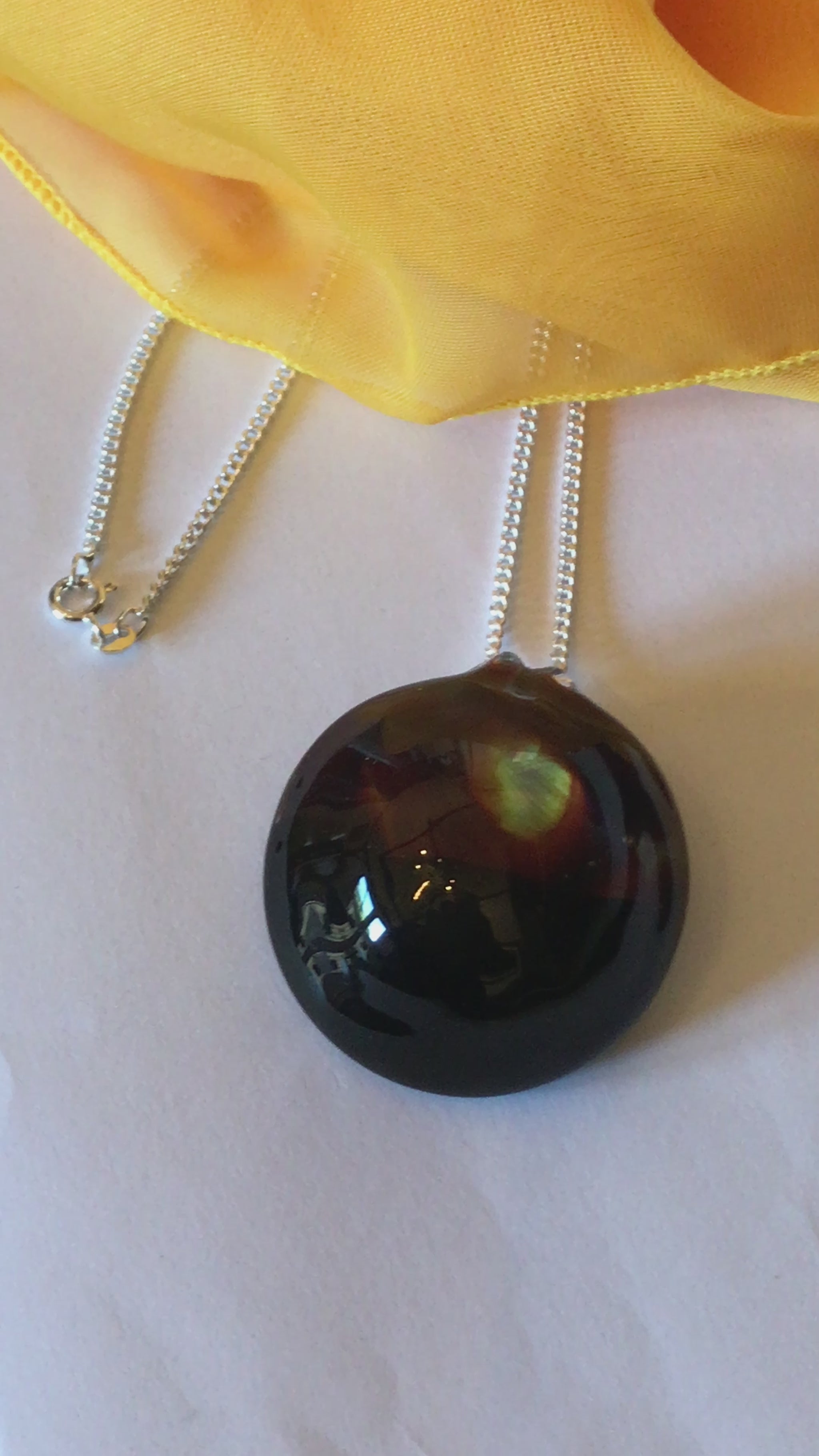 Elegant brown black round real Murano Glass necklace with a sterling silver chain