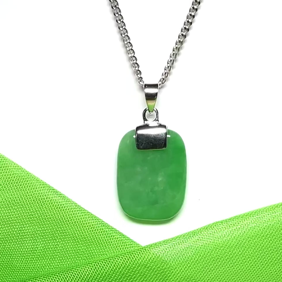 Real green jade necklace cushion shaped stone sterling silver chain included