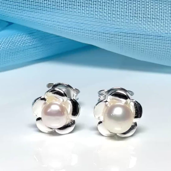 Real freshwater pearl flower sterling silver petal stud earrings