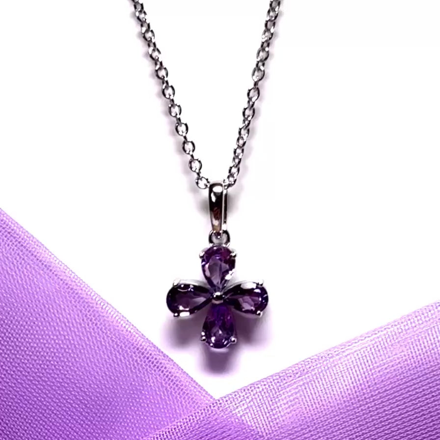 Real amethyst purple flower petal necklace sterling silver pendant with chain