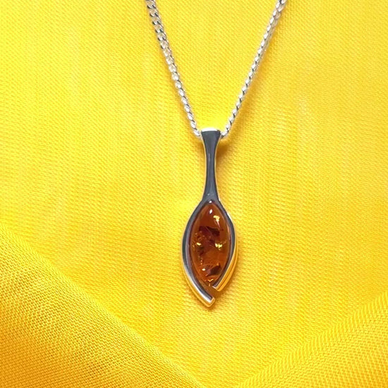 Sterling silver real amber pear shaped necklace open teardrop shaped pendant with chain