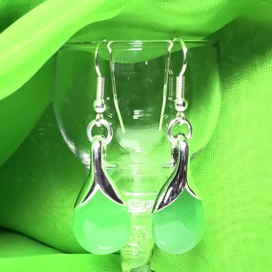 Green jade pear tear drop sterling silver shaped dropped earrings