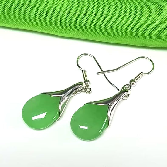 Green jade tear drop sterling silver pear shaped drop earrings