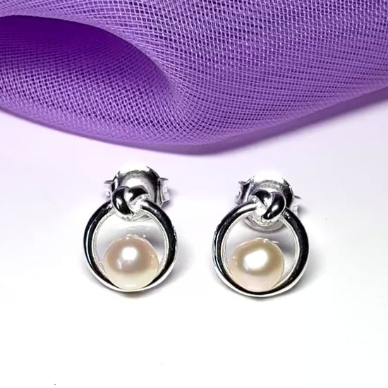 Real freshwater round knot circle sterling silver stud earrings
