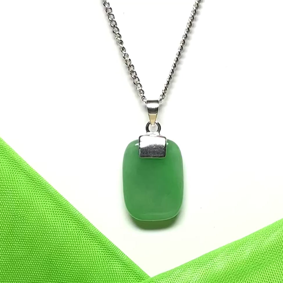 Jade necklace real green cushion shaped stone sterling silver solid chain included