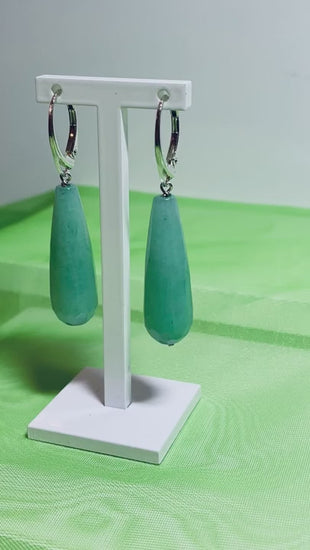 Green jade long teardrop shaped sterling silver drop earrings