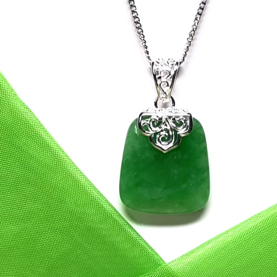Pendant with a real dark green jade stone, large cushion shaped necklace